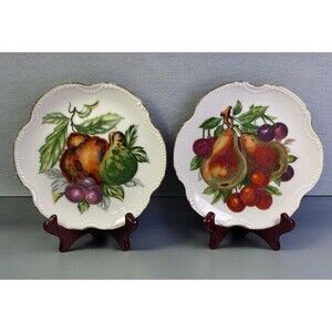 VTG Lego Japan Porcelain Fruit Wall Plates Set 2 Pear Cherries Gold Trim 6" Deco
